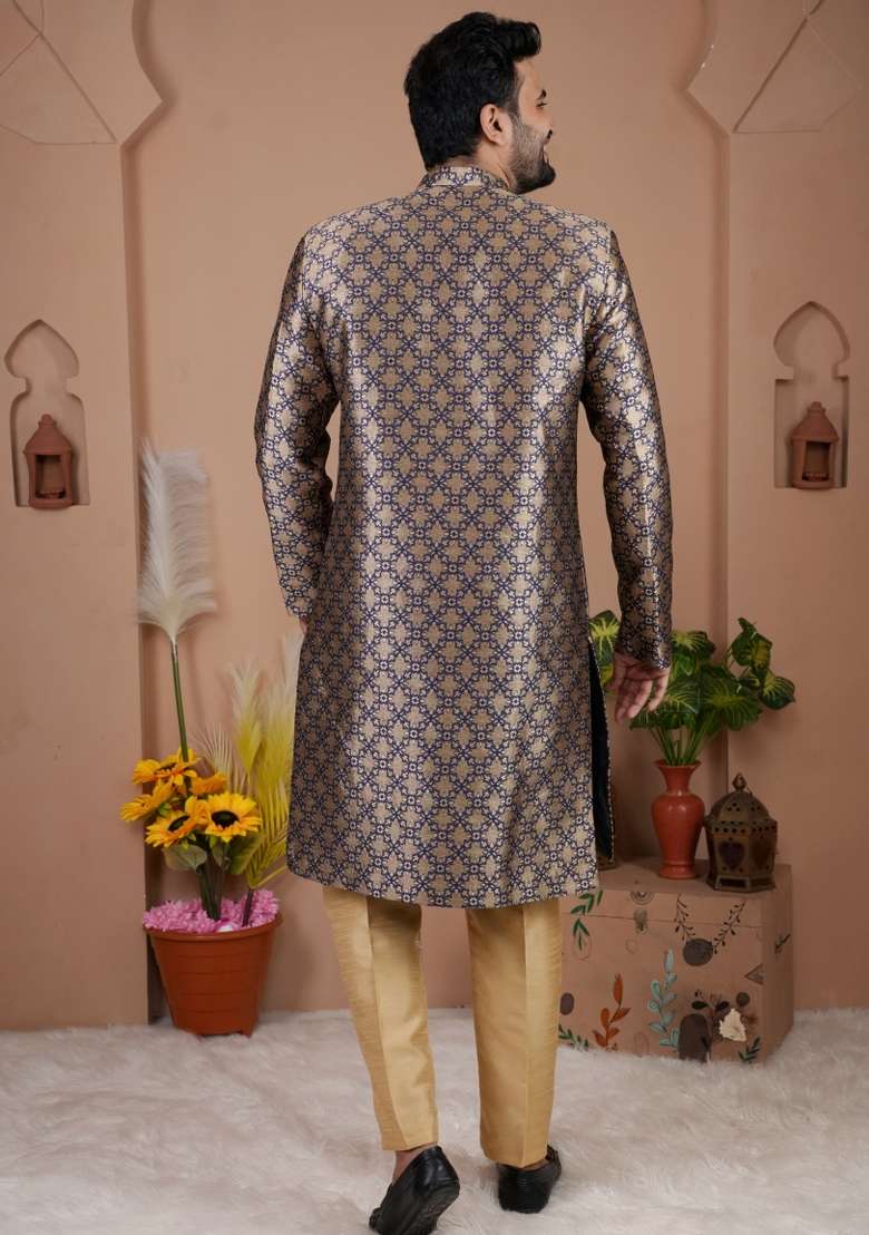 Nevy Blue Jacquard Silk Indo Western For Men - Indya
