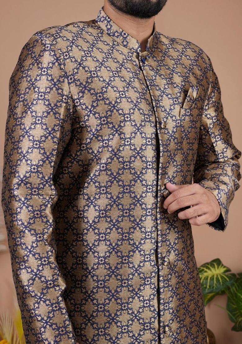 Nevy Blue Jacquard Silk Indo Western For Men - Indya