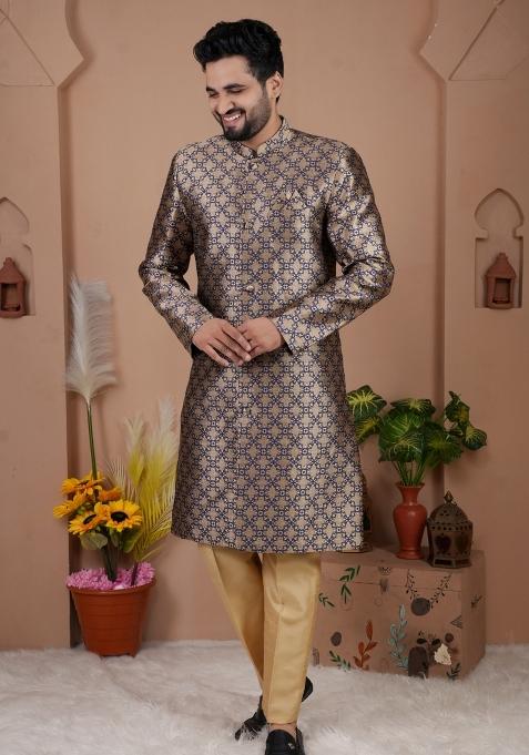 Nevy Blue Jacquard Silk Indo Western For Men