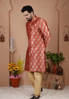 Red Jacquard Silk Indo Western For Men