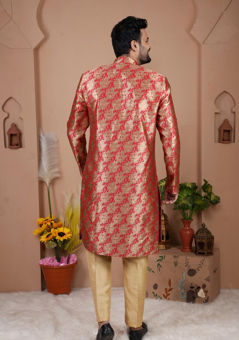 Red Jacquard Silk Indo Western For Men - Indya