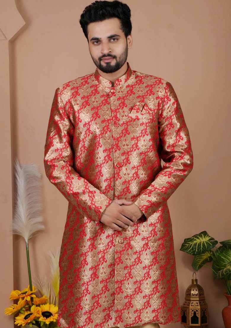Red Jacquard Silk Indo Western For Men - Indya