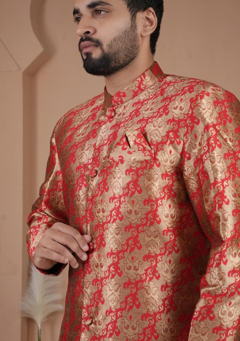 Red Jacquard Silk Indo Western For Men - Indya