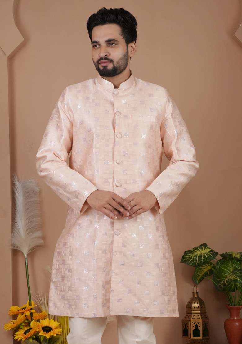 Pink Jacquard Silk Indo Western For Men - Indya