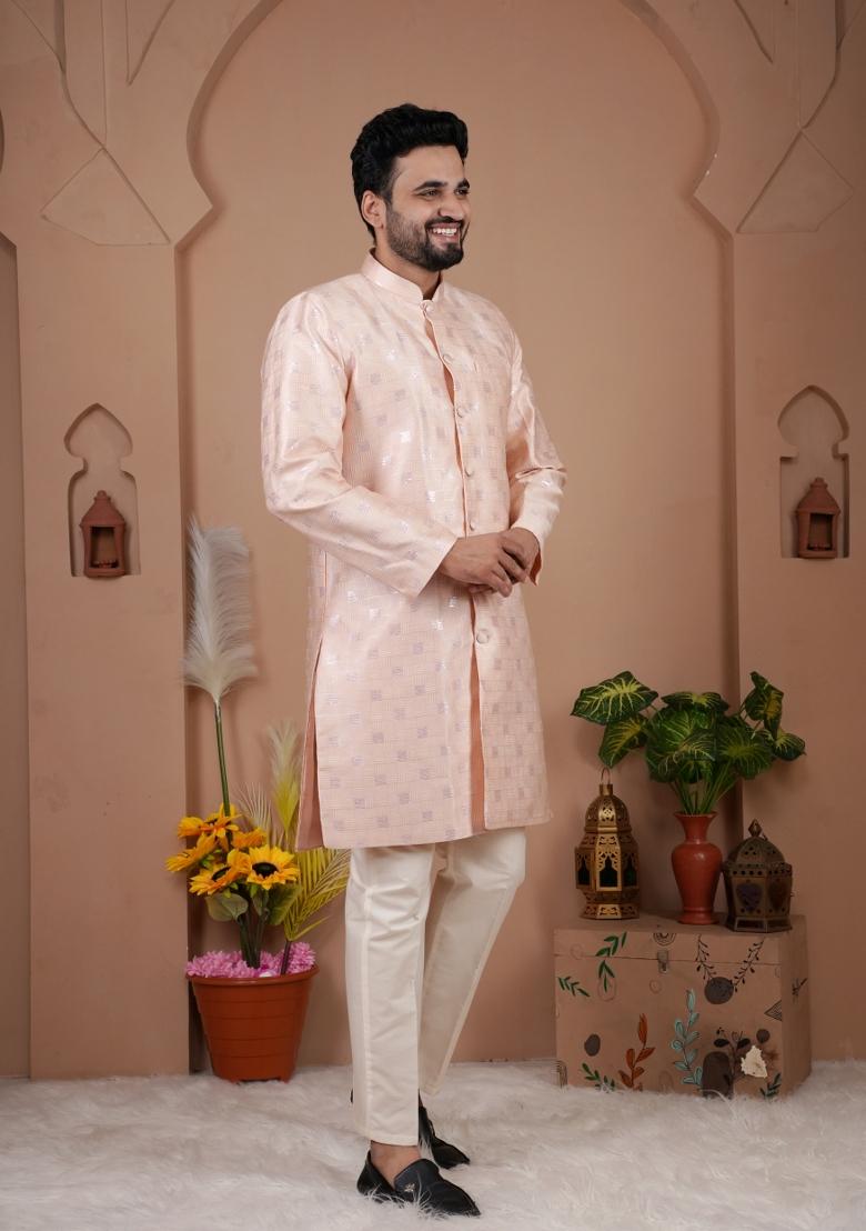 Pink Jacquard Silk Indo Western For Men - Indya