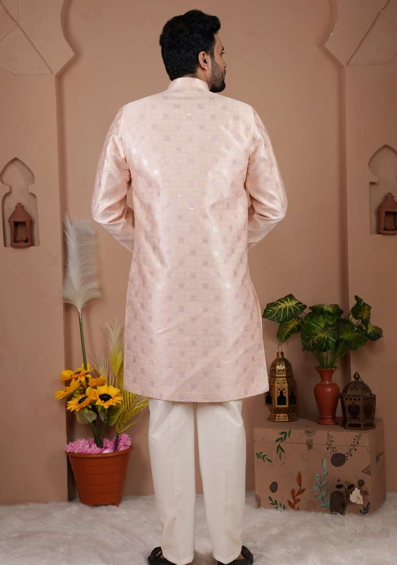 Pink Jacquard Silk Indo Western For Men - Indya