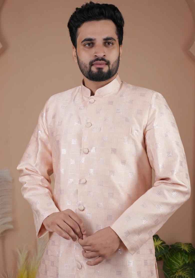Pink Jacquard Silk Indo Western For Men - Indya