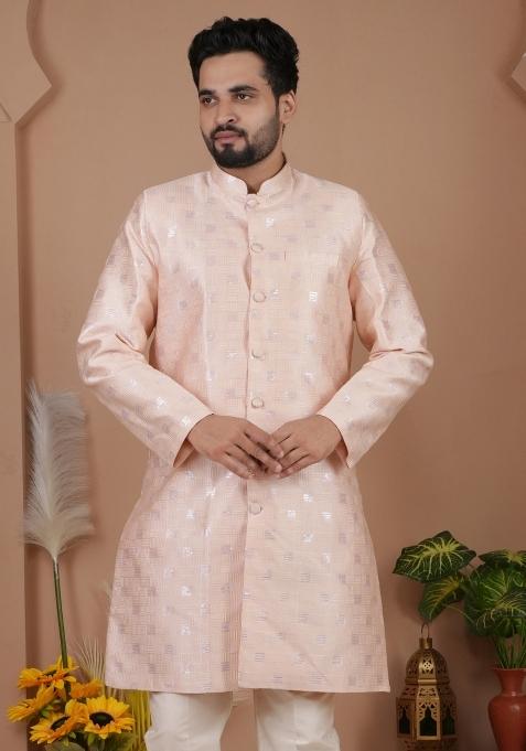 Pink Jacquard Silk Indo Western For Men