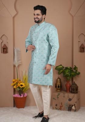 Sky Blue Jacquard Silk Indo Western For Men