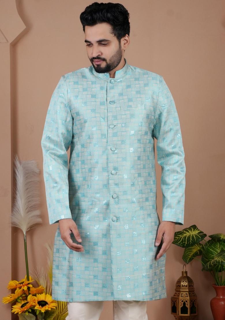 Sky Blue Jacquard Silk Indo Western For Men - Indya