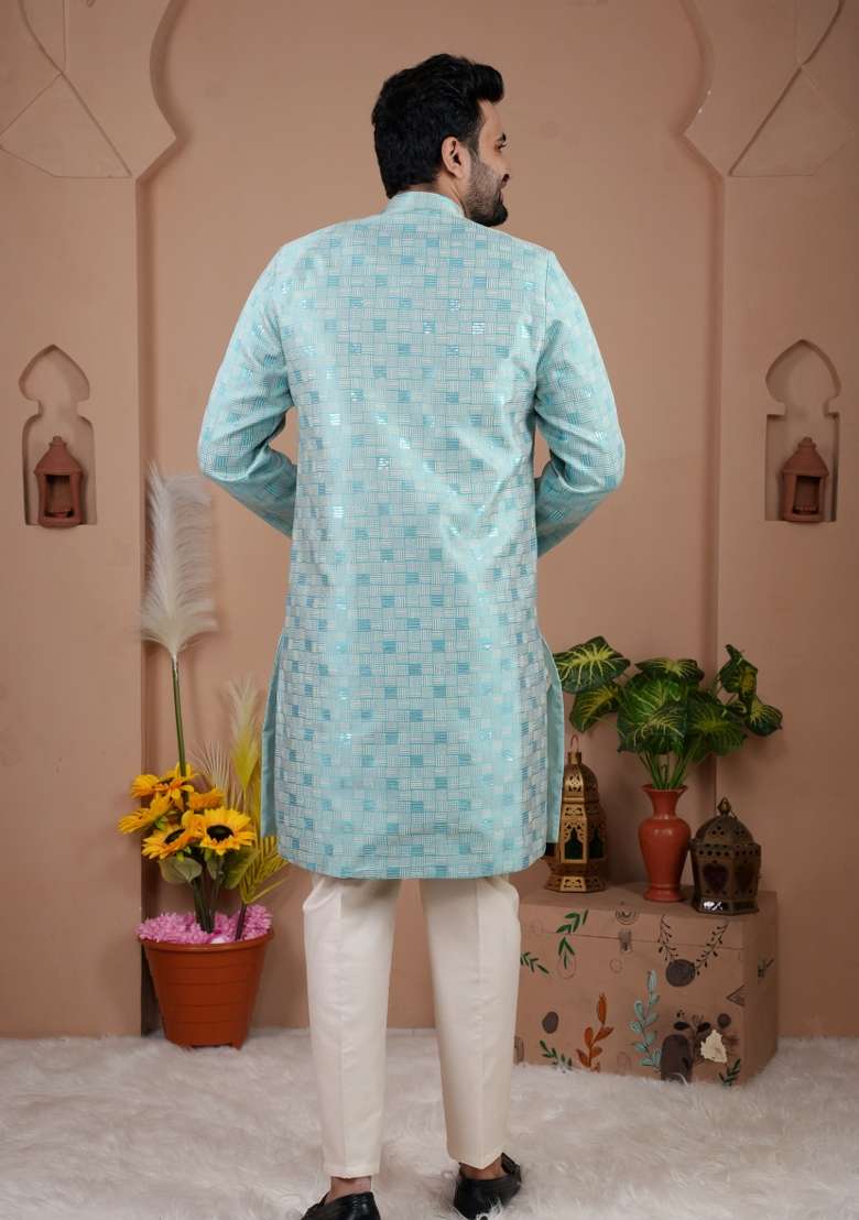 Sky Blue Jacquard Silk Indo Western For Men - Indya