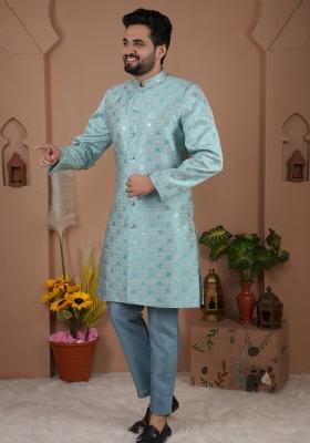 Sky Blue Jacquard Silk Indo Western For Men