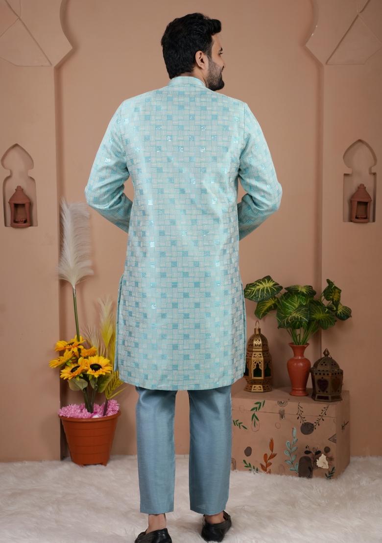 Sky Blue Jacquard Silk Indo Western For Men - Indya