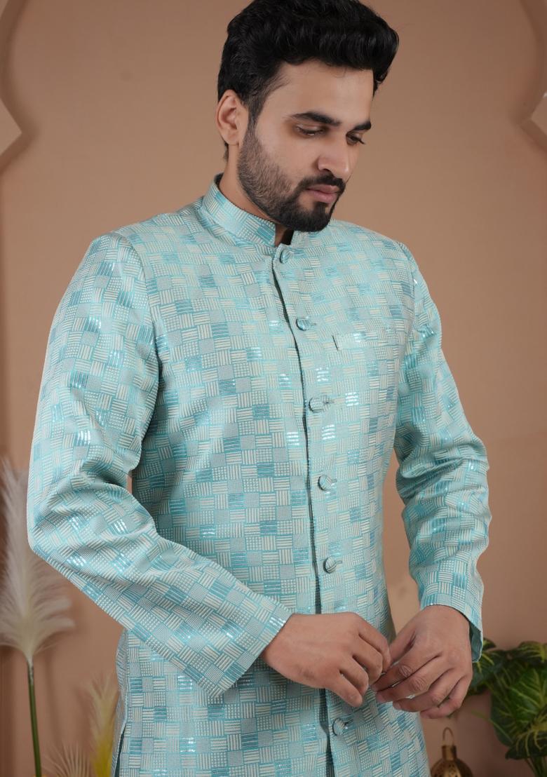 Sky Blue Jacquard Silk Indo Western For Men - Indya