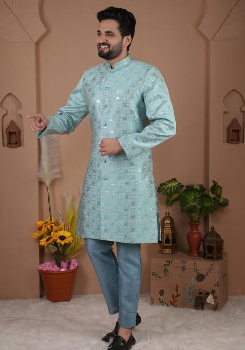 Sky Blue Jacquard Silk Indo Western For Men