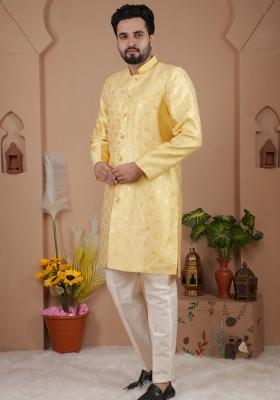Yellow Jacquard Silk Indo Western For Men