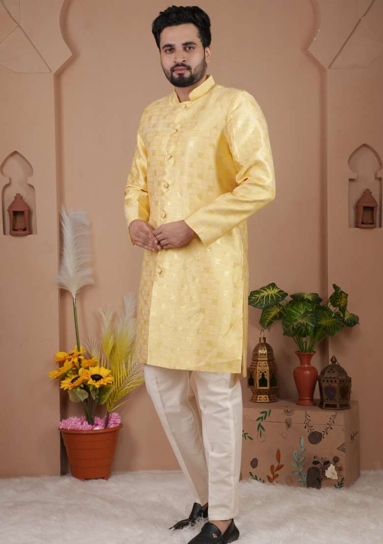 Yellow Jacquard Silk Indo Western For Men - Indya