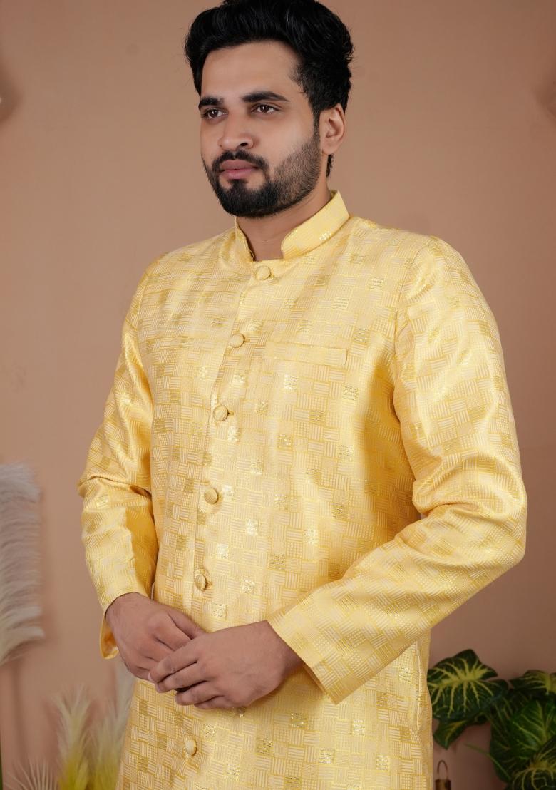 Yellow Jacquard Silk Indo Western For Men - Indya