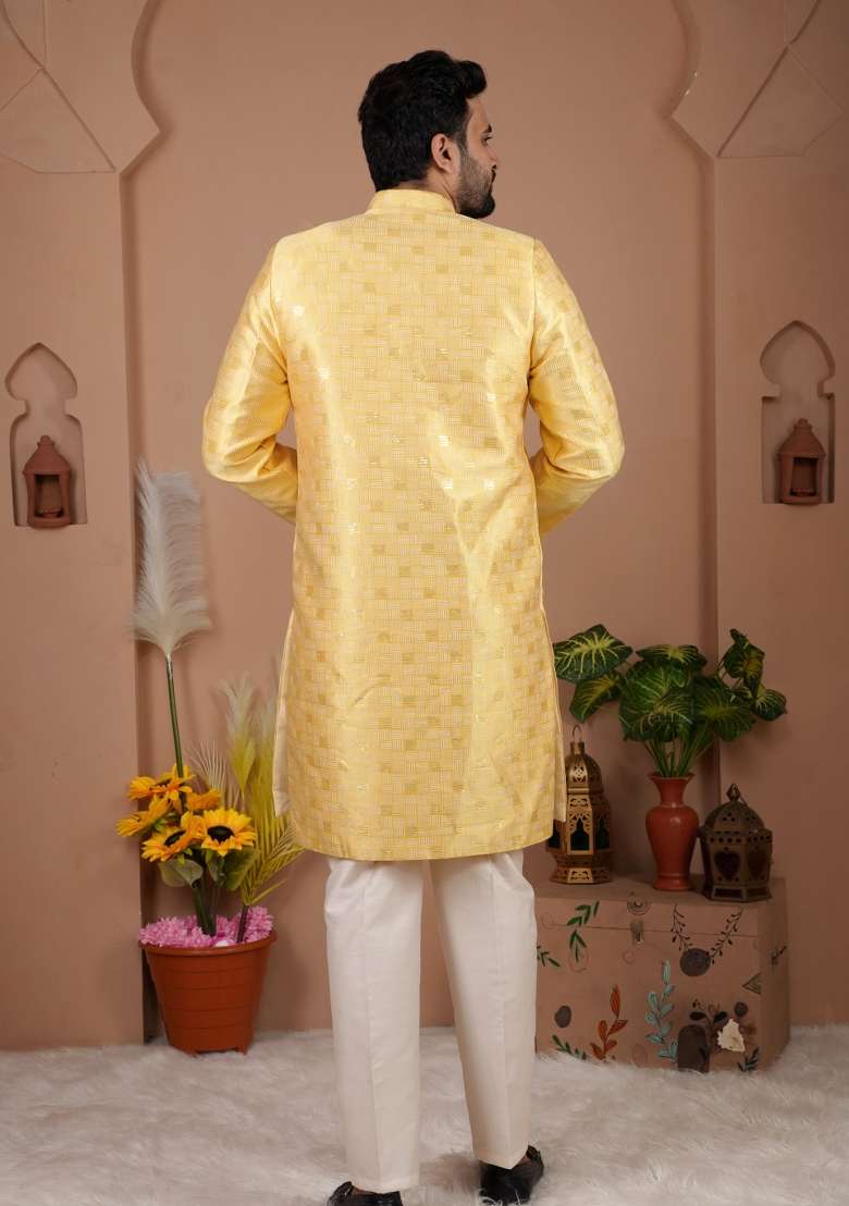 Yellow Jacquard Silk Indo Western For Men - Indya