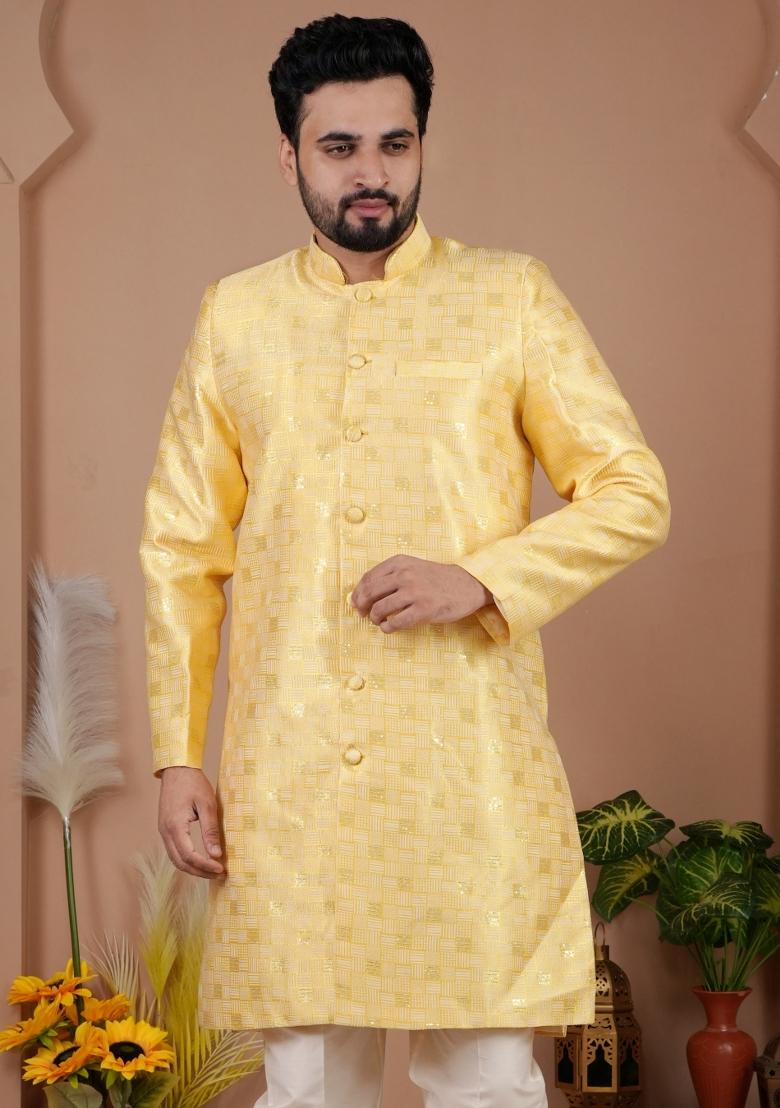 Yellow Jacquard Silk Indo Western For Men - Indya