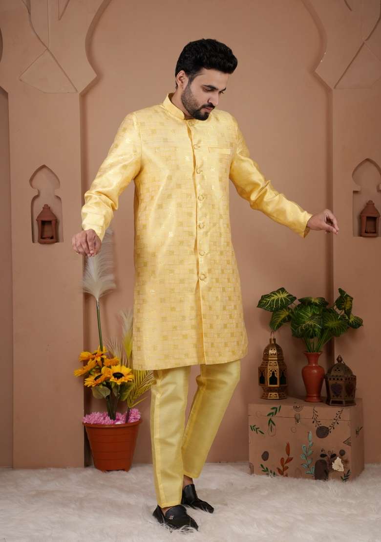 Yellow Jacquard Silk Indo Western For Men - Indya
