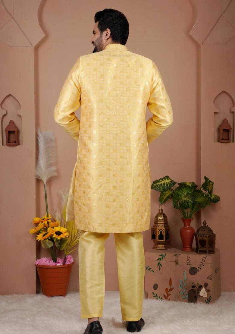 Yellow Jacquard Silk Indo Western For Men - Indya