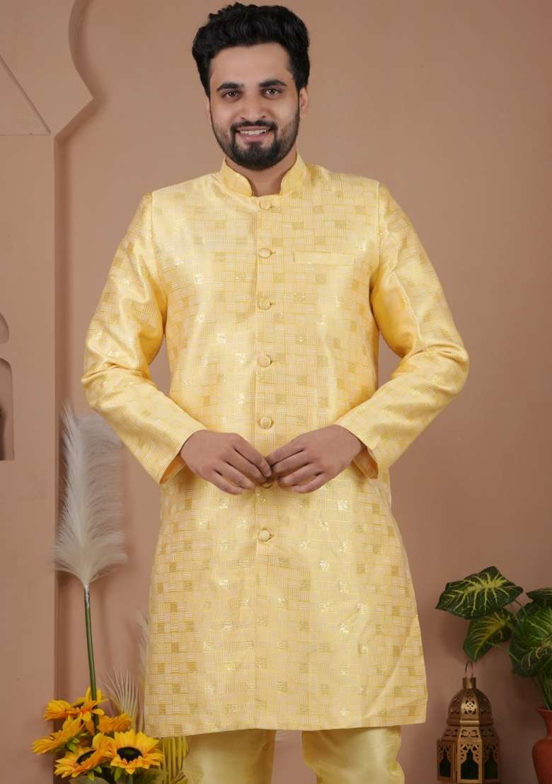 Yellow Jacquard Silk Indo Western For Men - Indya