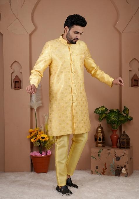 Yellow Jacquard Silk Indo Western For Men