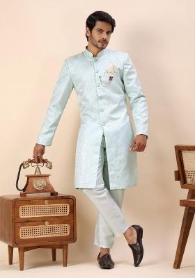 Mint Blue Embroidery Silk Indo Western For Men