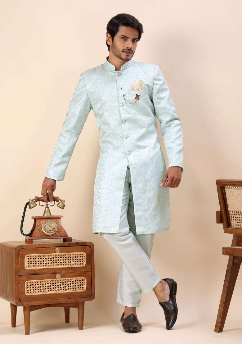 Mint Blue Embroidery Silk Indo Western For Men - Indya