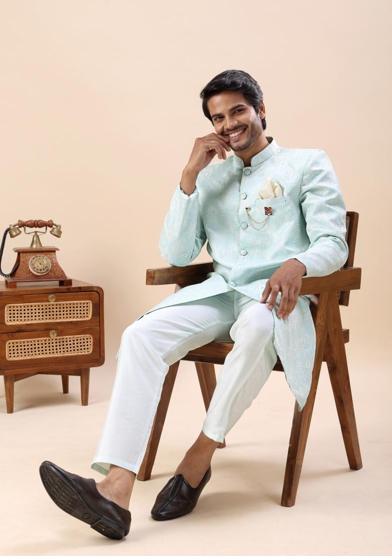Mint Blue Embroidery Silk Indo Western For Men - Indya