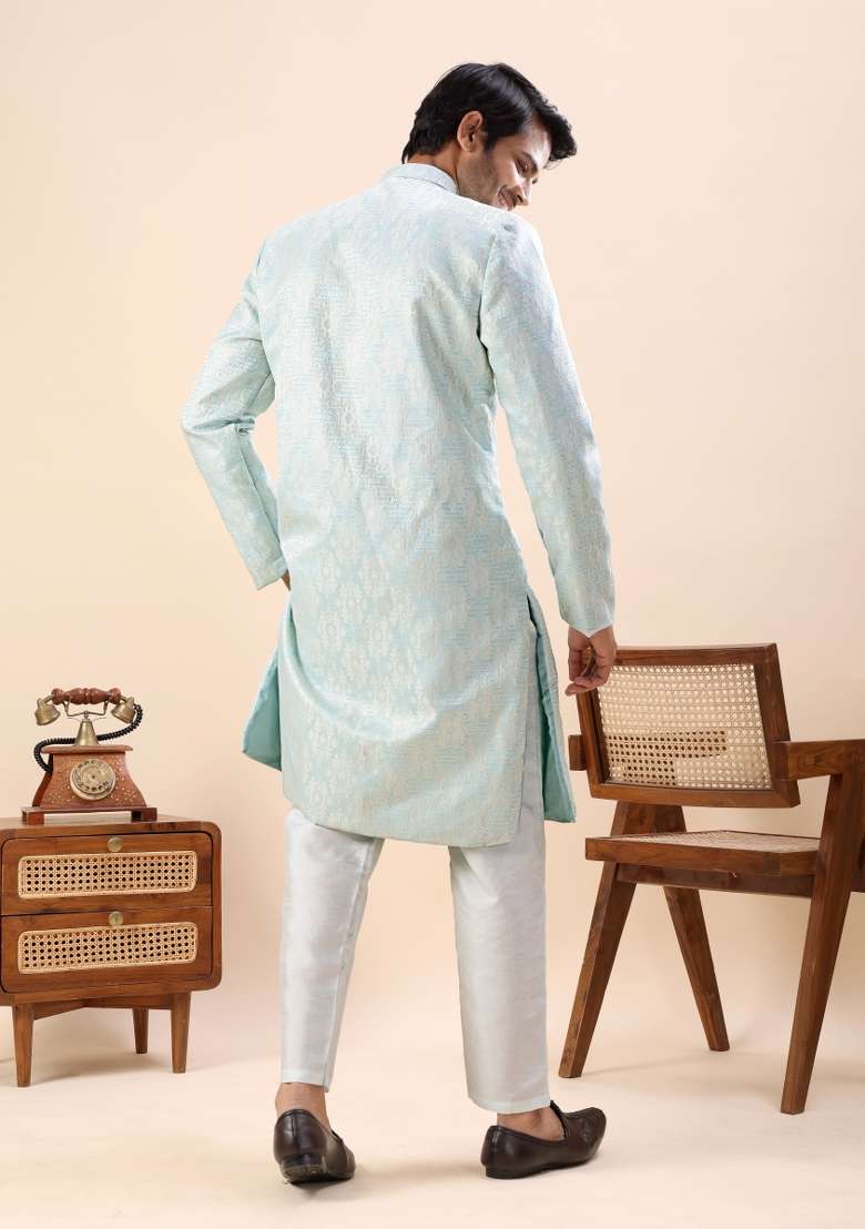 Mint Blue Embroidery Silk Indo Western For Men - Indya