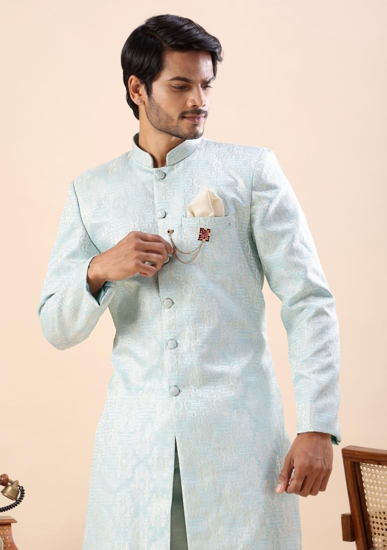 Mint Blue Embroidery Silk Indo Western For Men - Indya