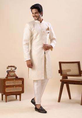 Off White Embroidery Silk Indo Western For Men