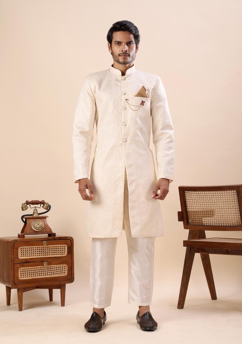 Off White Embroidery Silk Indo Western For Men - Indya