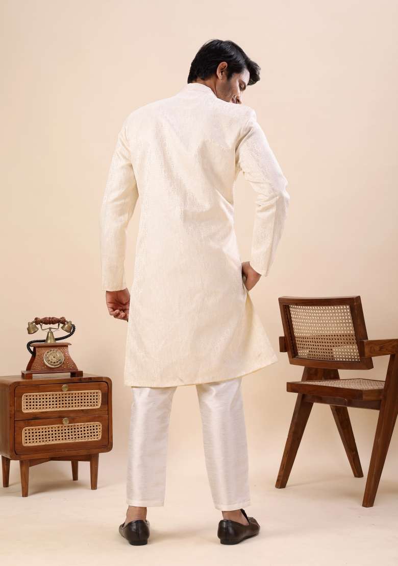 Off White Embroidery Silk Indo Western For Men - Indya