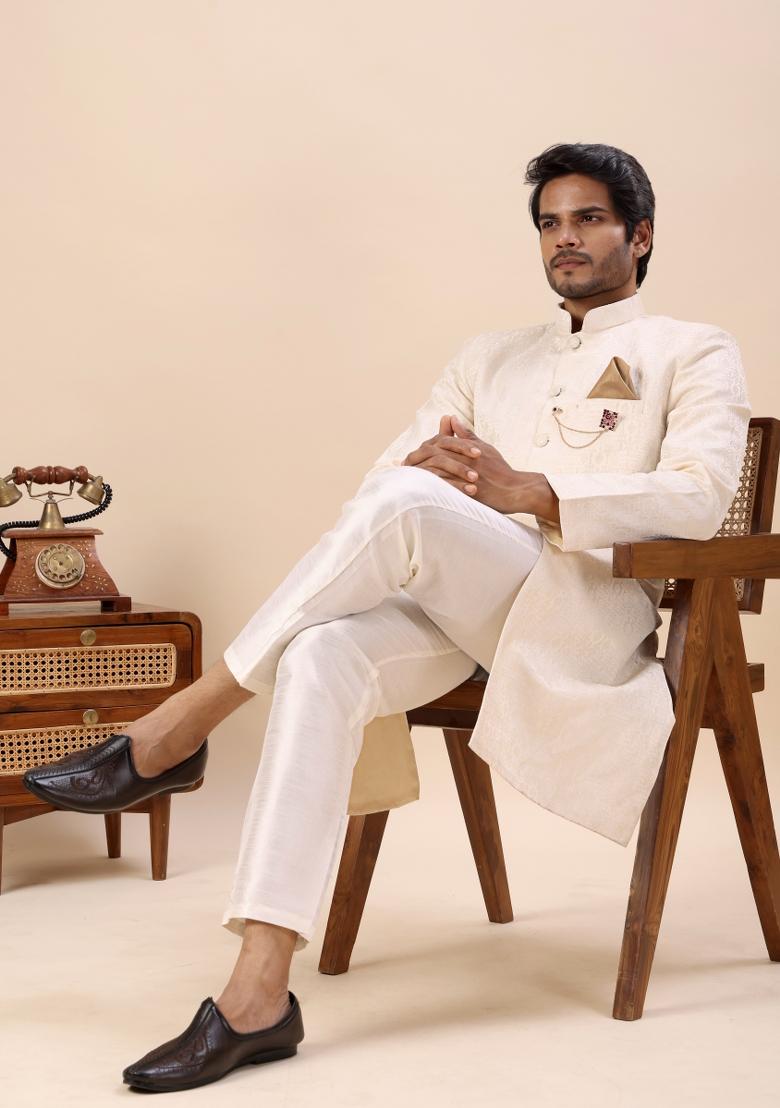 Off White Embroidery Silk Indo Western For Men - Indya