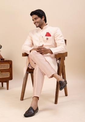 Orange Embroidery Silk Indo Western For Men