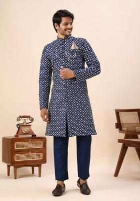 Blue Embroidery Silk Indo Western For Men