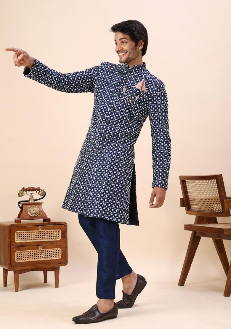 Blue Embroidery Silk Indo Western For Men - Indya