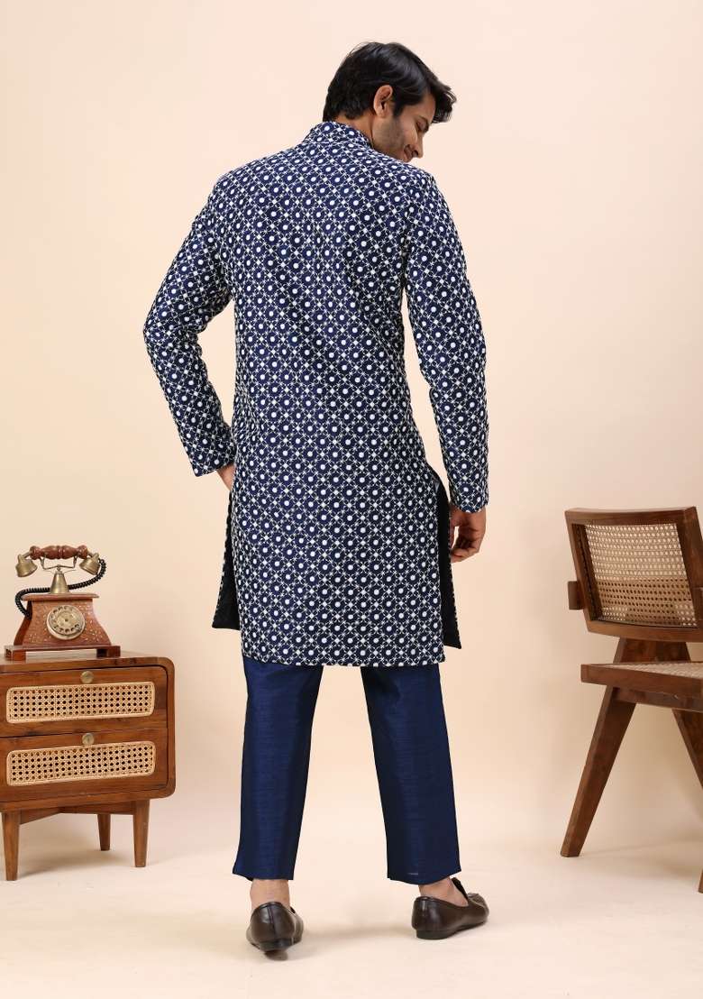 Blue Embroidery Silk Indo Western For Men - Indya