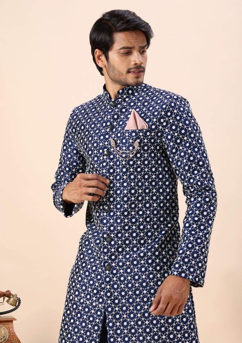 Blue Embroidery Silk Indo Western For Men - Indya