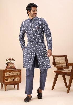 Grey Embroidery Silk Indo Western For Men