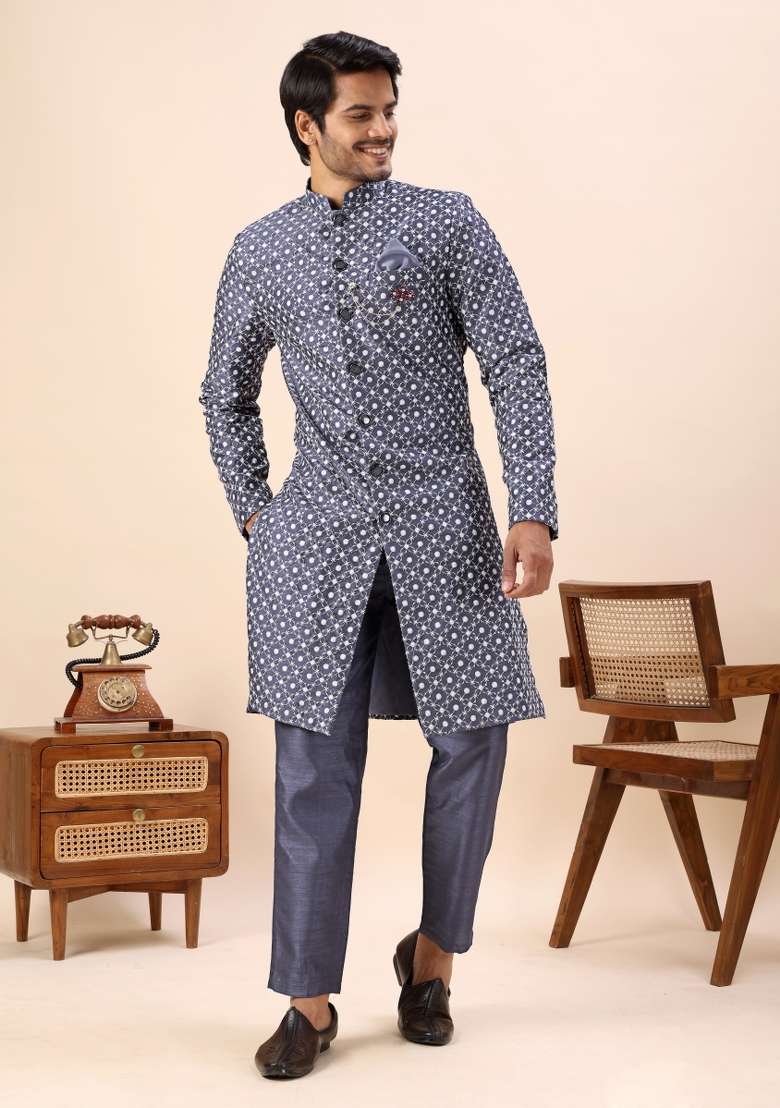 Grey Embroidery Silk Indo Western For Men - Indya