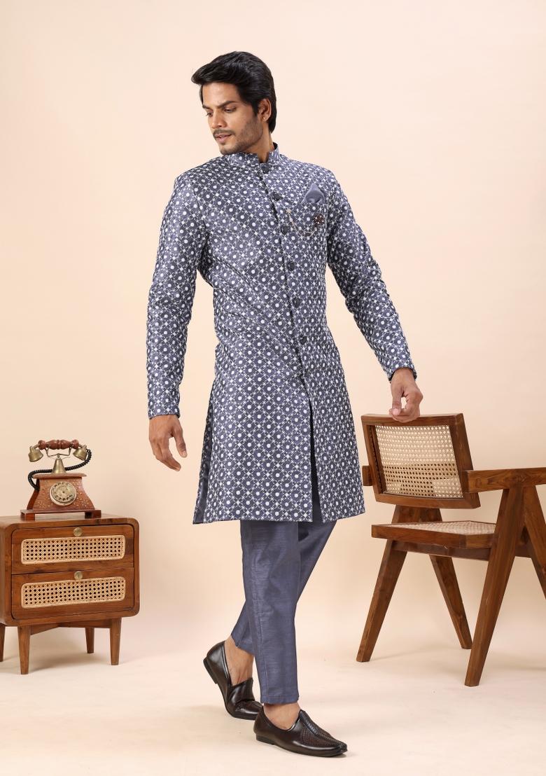 Grey Embroidery Silk Indo Western For Men - Indya