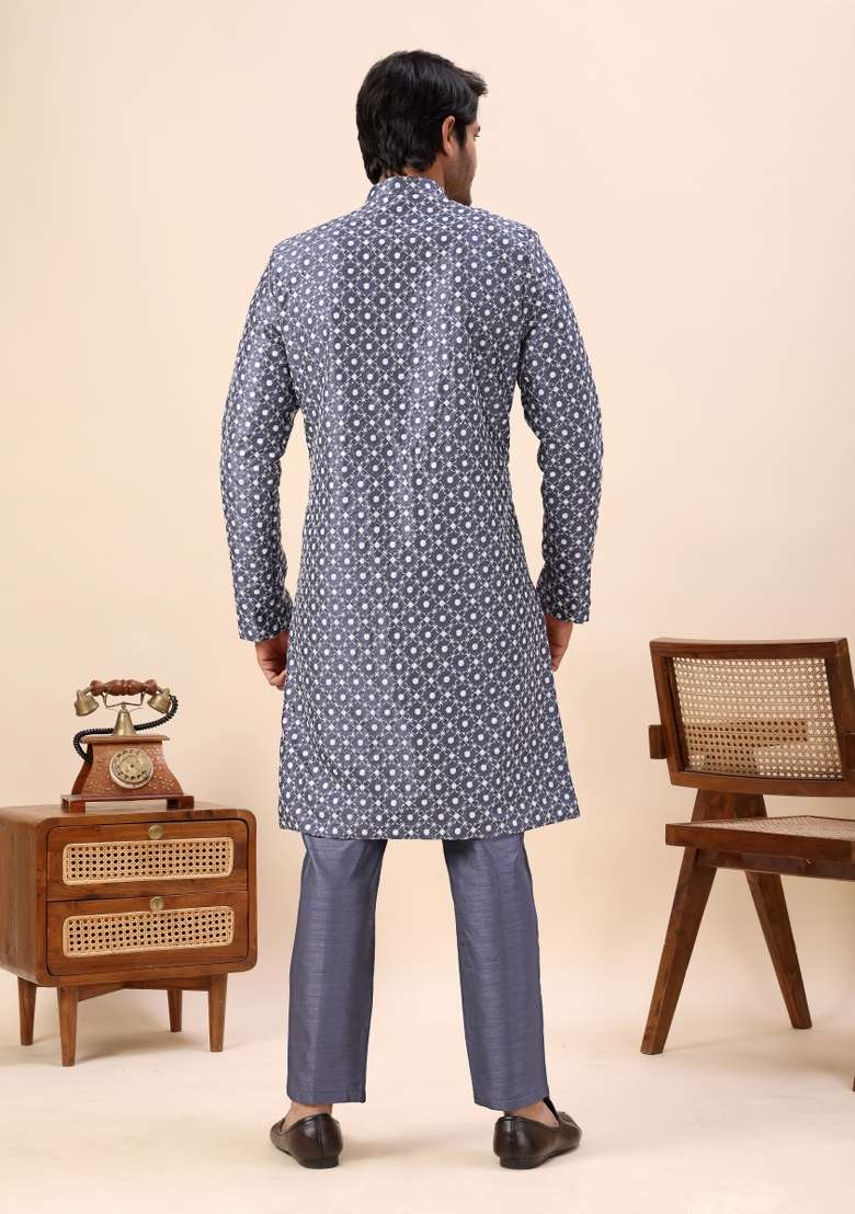 Grey Embroidery Silk Indo Western For Men - Indya
