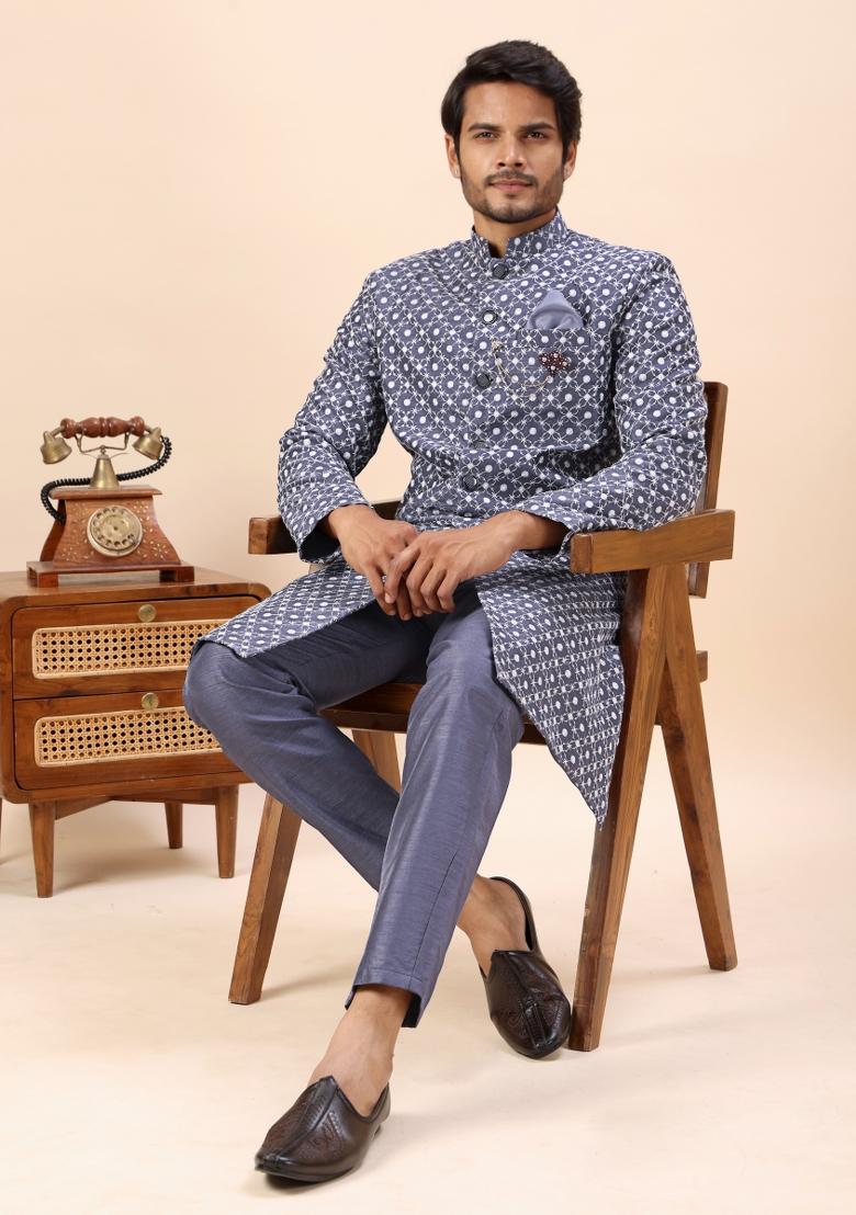 Grey Embroidery Silk Indo Western For Men - Indya