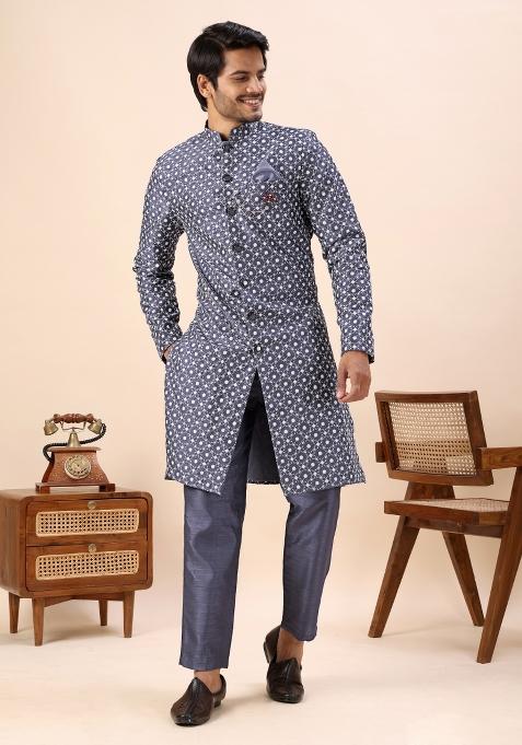Grey Embroidery Silk Indo Western For Men