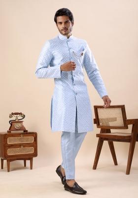 Sky Blue Embroidery Silk Indo Western For Men