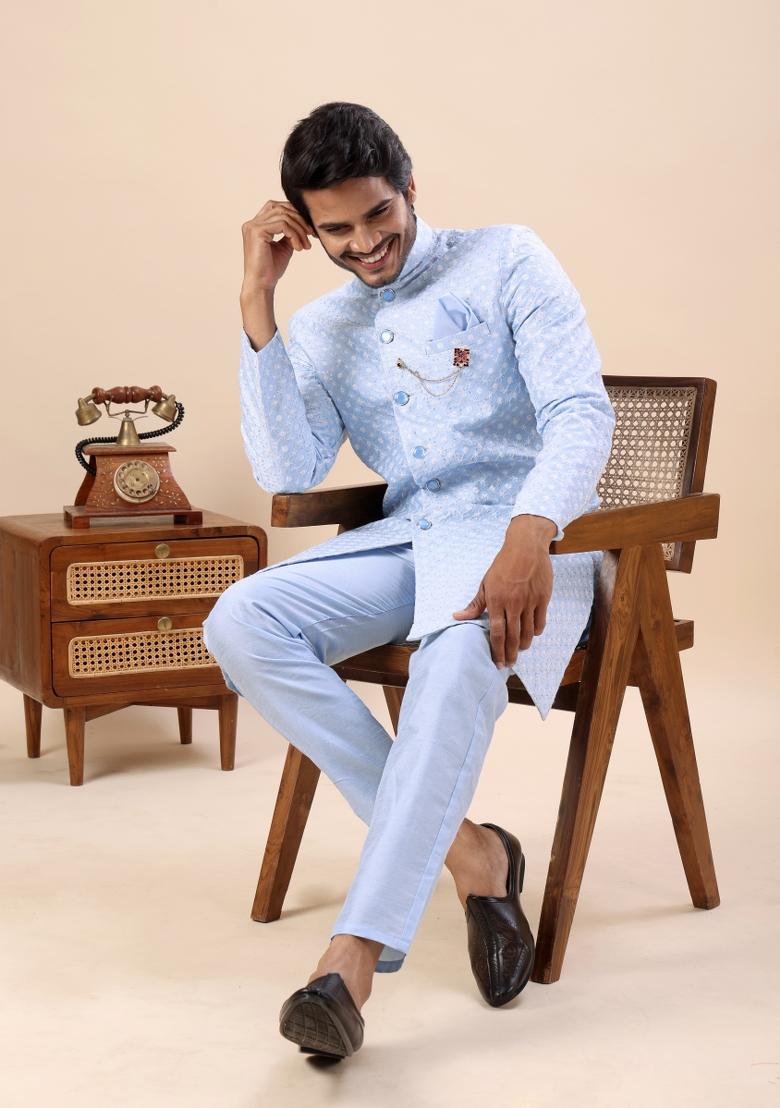 Sky Blue Embroidery Silk Indo Western For Men - Indya